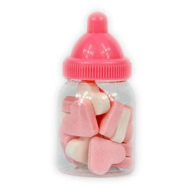 Babyflaschen gefüllt mit weißen und rosa Herzen