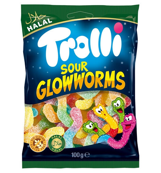 Trolli -Sour Glowworms 100 Gram 30 Stuks (Halal)