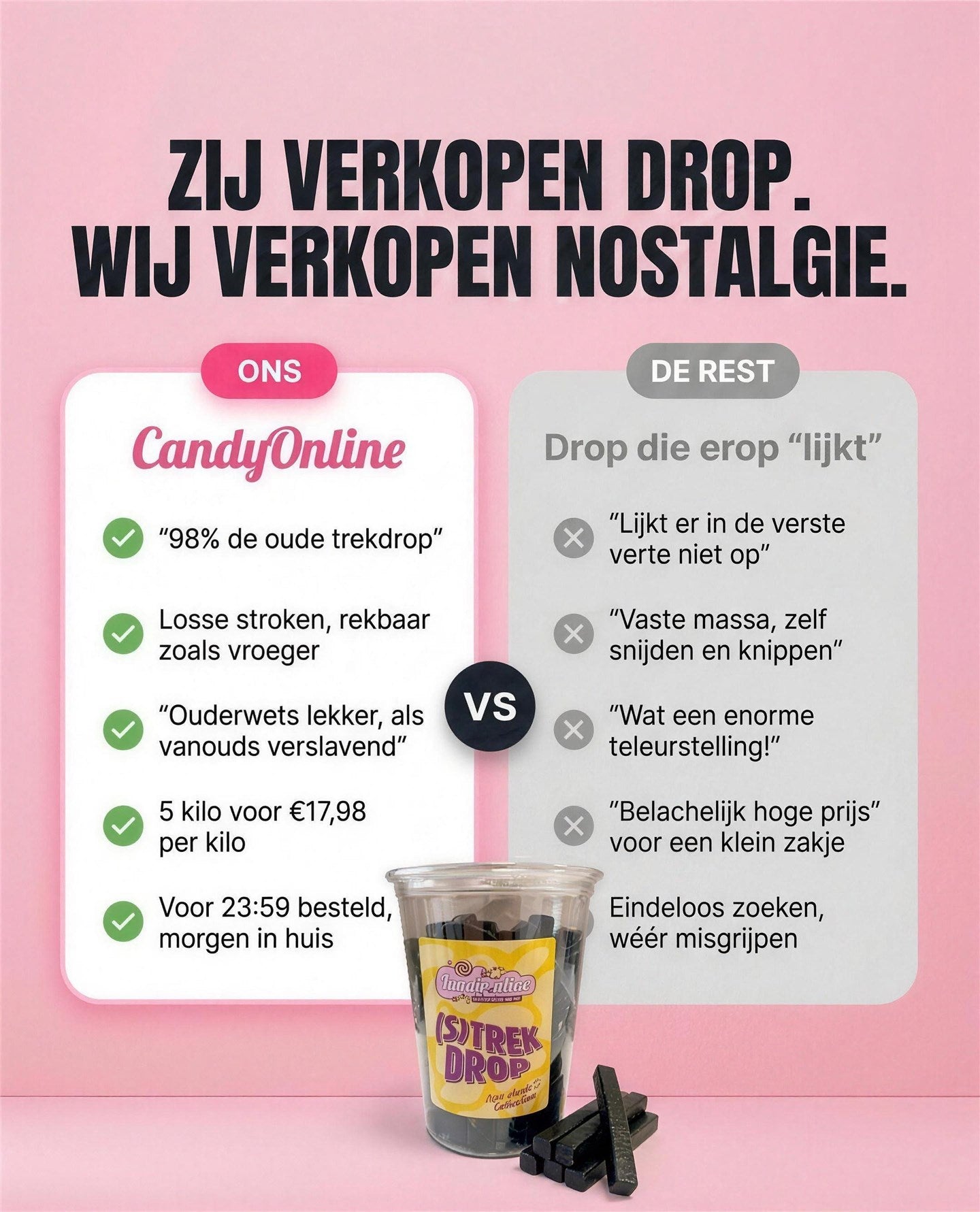 Zij verkopen drop. Wij verkopen nostalgie. CandyOnline trekdrop vergeleken met drop die erop lijkt.